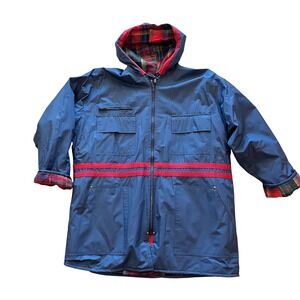 Vintage JG Hook Hooded Rain Jacket Blue Red Stripe Plaid Flannel Lined Large